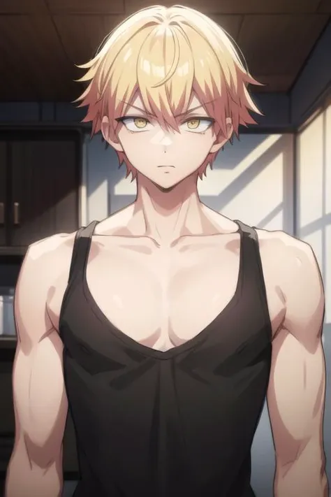 masterpiece, best quality, high quality, 1boy, solo, male focus, looking at viewer, upper body, <lora:ramune:0.60>, ramune, blonde hair, yellow eyes, hair between eyes, , tank top