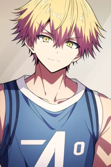 masterpiece, best quality, high quality, 1boy, solo, male focus, looking at viewer, upper body, <lora:ramune:0.64>, ramune, blonde hair, yellow eyes, hair between eyes, , sportswear