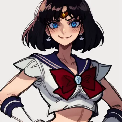 sailor_saturn, cropped_torso
solo mature 1girl, short hair, bob_cut, perfect face and eyes, smirk, upper body, hands_on_hips
<lyco:Widisuuu Style Lora:0.8> Widisuuu, <lora:sailor_saturn:1>