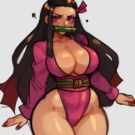 (masterpiece, best quality:1.3), Taigerarts, Soft Shading, solo, looking at viewer, blushing, simple background, wide hips, cowboy shot, large breasts, mature female, closed mouth, thick thighs, <lora:Taigerarts Style Lora:.8>, nezuko, hair ribbon, pink ribbon, pink kimono, very long hair, multicolored hair, black hair, red hair, gagged, bamboo, gag <lora:nezuko:.8>