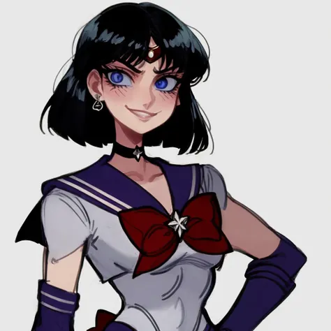 sailor_saturn, cropped_torso
solo mature 1girl, short hair, bob_cut, perfect face and eyes, smirk, upper body, hands_on_hips
<lyco:Widisuuu Style Lora:0.8> Widisuuu, <lora:sailor_saturn:1>