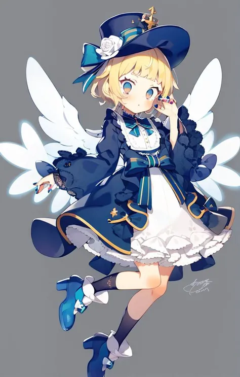 uekura, 1girl, blonde hair, white background, hat, dress, blue footwear, wings, simple background, signature, flower, nail polish, wide sleeves, long sleeves, blush, animal, white flower, solo, full body, bird, looking at viewer, high heels, hand on own cheek, hand on own face, frills, bow, bangs, ribbon, bell, blue headwear, +_+, socks, short hair, grey eyes, shoes, blue nails, feathered wings, blue bow