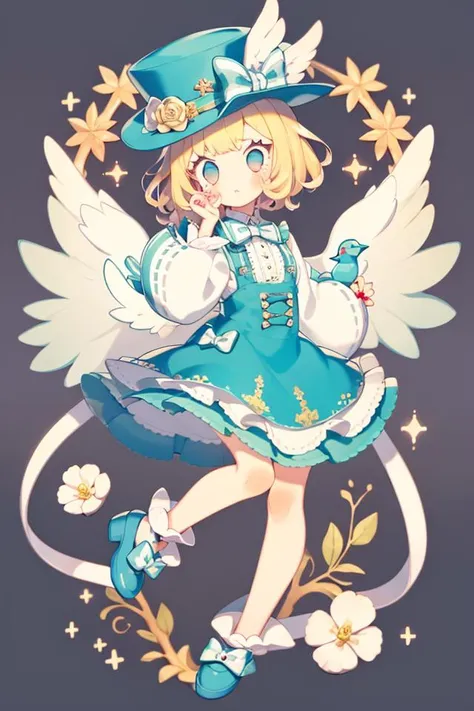 uekura, 1girl, blonde hair, white background, hat, dress, blue footwear, wings, simple background, signature, flower, nail polish, wide sleeves, long sleeves, blush, animal, white flower, solo, full body, bird, looking at viewer, high heels, hand on own cheek, hand on own face, frills, bow, bangs, ribbon, bell, blue headwear, +_+, socks, short hair, grey eyes, shoes, blue nails, feathered wings, blue bow
