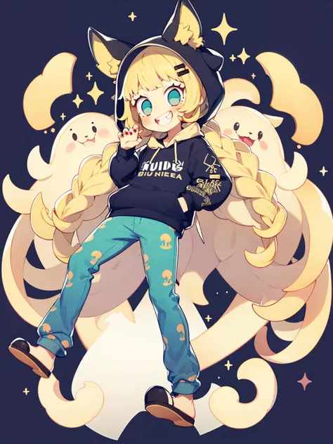 uekura, 1girl, 1boy, hood, twin braids, smile, braid, blonde hair, slippers, black hoodie, hoodie, claw pose, long hair, white background, pants, animal print, hair ornament, hood up, simple background, looking at viewer, hairclip, long sleeves, open mouth, siblings, earrings, grin, aqua eyes, blue pants, hand in pocket, blue eyes, teeth, :d, black footwear, short hair, jewelry, animal ears, bangs, horns, animal hood, brother and sister, nail polish, blush, very long hair, drawstring