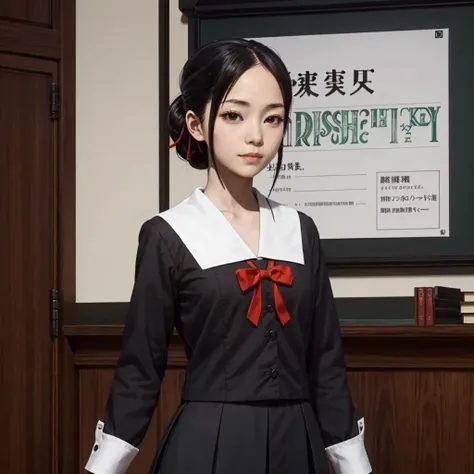 <lora:Shinomiya KaguyaV1>,
Shinomiya Kaguya,1girl,
black hair,short hair,sidelocks,red eyes,
hair ribbon,
(shuuchiin academy school uniform:1.2),full body,standing,
school,