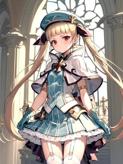 masterpiece, best quality, 1girl, solo, dsachates, blonde hair, very long hair, twintails, blunt bangs, red eyes, hair ribbon, hat, skirt, gloves, white thighighs, garter straps, capelet, standing, indoors, cathedral, cowboy shot
<lyco:dsachates_lc_768:0.9>