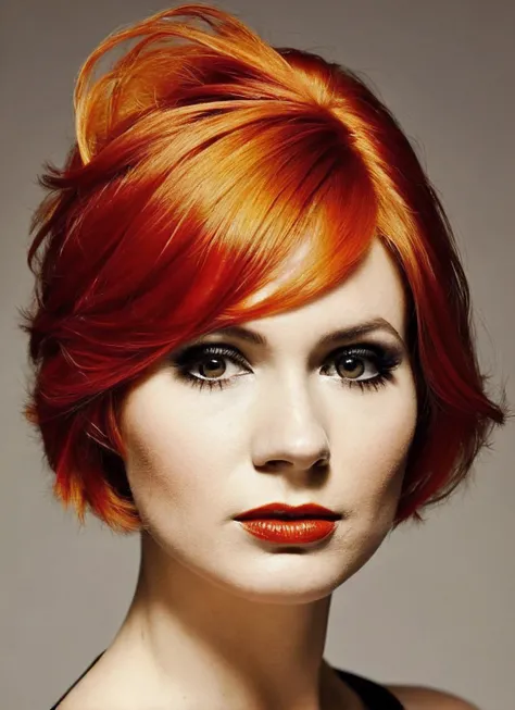 analog style, modelshoot style, portrait of sks woman by Flora Borsi, style by Flora Borsi, bold, bright colours, orange Mohawk haircut, ((Flora Borsi)), <lora:locon_karengillan_v1_from_v1_64_32:1.25>