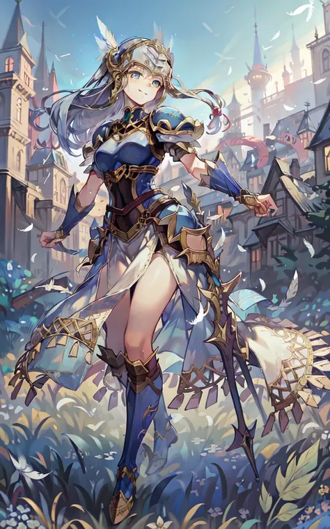 masterpiece, best quality, lenneth, happy, smile, castle in the background, feather falling, intricate details, full body, ethereal wings, blue eyes, <lora:Lenneth:1>