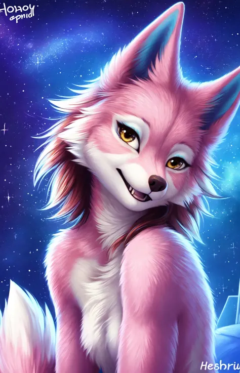 wolf, bedroom,pink fur, white fur, eyeshadow,space, stars sparkles, happy, mouth open, teeth, smile,outside, looking at viewer, honoy hioshiru personalami,tail,blue ears, portrait, posing, nebula, outside,anthro
<lora:freya:1>