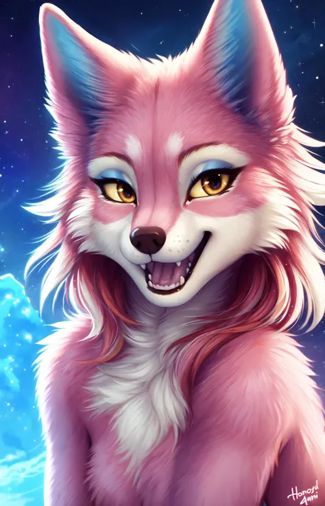 wolf,  bedroom,pink fur, white fur, eyeshadow,space, stars sparkles, happy, mouth open, teeth, smile,outside, looking at viewer, honoy hioshiru personalami,tail,blue ears, portrait, posing, nebula, outside,anthro
<lora:freya:1>