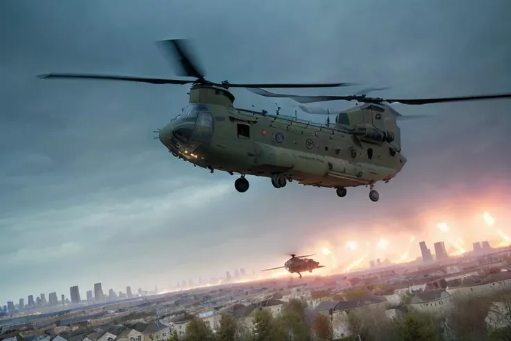 analog gloomy aerial photo of a black (Chinook helicopter, <lora:ch1n00k:0.8>), ((nighttime)), (flying low through a (city on fire) at night), city ruins, (urban combat), ((explosions in the background)), High Detail, Sharp focus, (photorealism), realistic, best quality, 8k, award winning, dramatic lighting, epic, cinematic, masterpiece, rim light, (action movie), ambient fog:1.5, war, depth of field, dutch angle, motion blur,