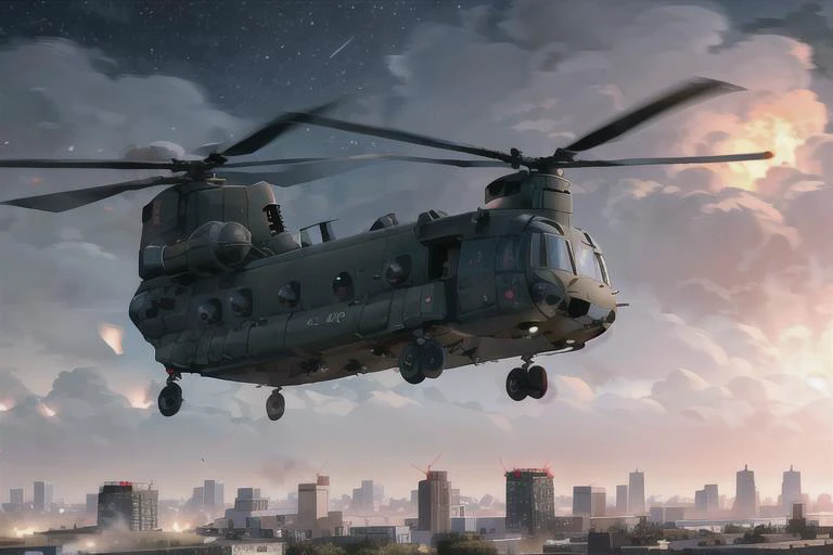 analog gloomy aerial photo of a black (Chinook helicopter, <lora:ch1n00k:0.8>), ((nighttime)), (flying low through a (city on fire)), city ruins, (urban combat), ((explosions in the background)), High Detail, Sharp focus, (photorealism), realistic, best quality, 8k, award winning, dramatic lighting, epic, cinematic, masterpiece, rim light, (action ), ambient fog:1.3, war, depth of field, dutch angle, motion blur,