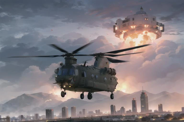 analog gloomy aerial photo of a black (Chinook helicopter, <lora:ch1n00k:0.8>), ((nighttime)), (flying low through a (city on fire)), city ruins, (urban combat), ((explosions in the background)), High Detail, Sharp focus, (photorealism), realistic, best quality, 8k, award winning, dramatic lighting, epic, cinematic, masterpiece, rim light, (action ), ambient fog:1.3, war, depth of field, dutch angle, motion blur,