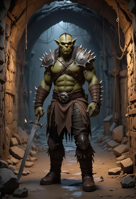 (medium full shot) of (fearsome orc) young,   grunt, wearing Spiked helmet, hide vest, chainmail leggings, leather boots, iron wristbands, holding wielding iron sword, set in the orcish lands, in  Underground tunnel network, narrow and winding, supported by wooden beams, leading deeper into the cave system, covered in spider webs  , at dusk, Masterpiece,best quality, photo, realistic, very aesthetic, detailed face,
