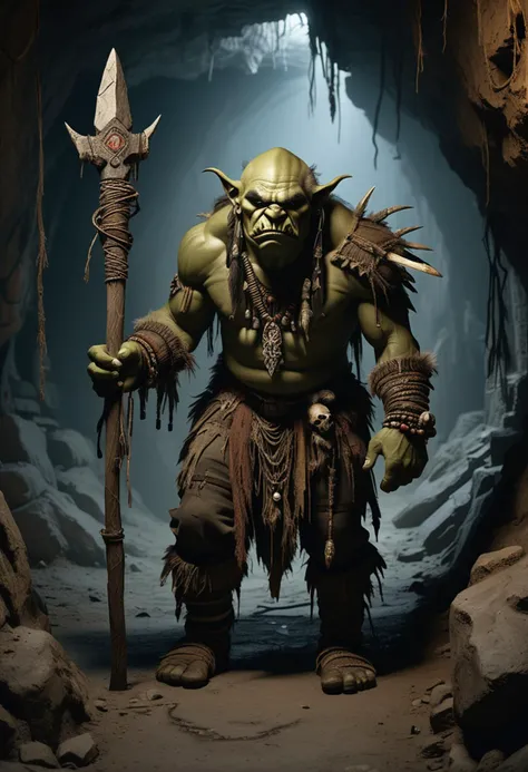 (medium full shot) of (brutal orc) young,   shaman, wearing Painted face, woven tunic, feathered shoulder pads, hide boots, charm bracelets, holding wielding bone wand, set in the orcish lands, in  Underground tunnel network, narrow and winding, supported by wooden beams, leading deeper into the cave system, covered in spider webs  , at night, ,Masterpiece,best quality, raw photo, realistic, very aesthetic