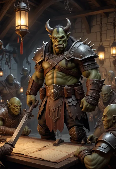(medium full shot) of (menacing orc) young, warlord, wearing Horned helmet, scale armor vest, reinforced bracers, iron belt, plate leggings, battle-worn boots, holding wielding war hammer, set in the orcish lands, in War room with a large table, maps and strategy pieces, orc leaders in discussion, dimly lit by hanging lanterns, walls adorned with trophies , at night, Masterpiece,best quality, photo, realistic, very aesthetic, detailed face,