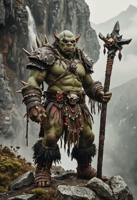 (medium full shot) of (savage orc) young,   shaman, wearing Painted face, woven tunic, feathered shoulder pads, hide boots, charm bracelets, holding wielding staff with skull, set in the orcish lands, in  Rugged mountain path, narrow and treacherous, edged with sharp rocks, leading to a high peak, covered in a thin layer of mist , ,Masterpiece,best quality, photo, realistic, very aesthetic