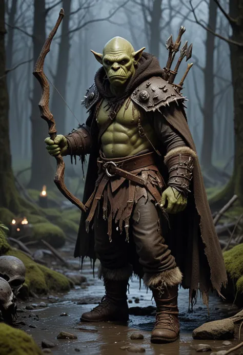 (medium full shot) of (feral orc) young,   scout, wearing Hooded cloak, leather tunic, hide pants, furred boots, wrist guards, holding wielding short bow , set in the orcish lands, in  Marshy clearing with large stones, muddy ground, signs of orc rituals, scattered bones and skulls , at night, Masterpiece,best quality, photo, realistic, very aesthetic, detailed face,