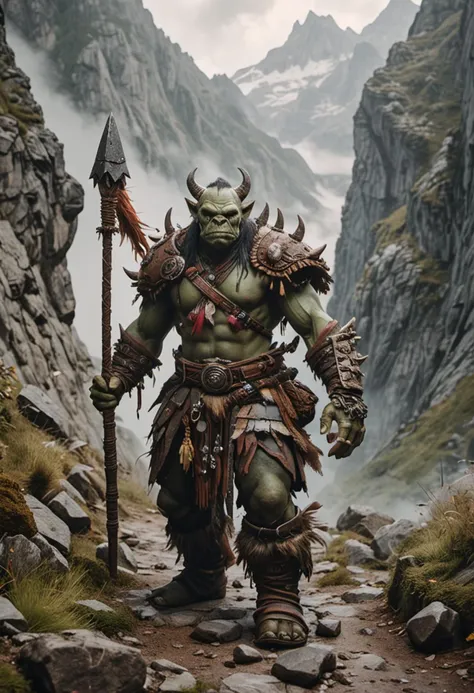 (medium full shot) of (brutal orc) young,   shaman, wearing Painted face, woven tunic, feathered shoulder pads, hide boots, charm bracelets, holding wielding totemic staff, set in the orcish lands, in  Rugged mountain path, narrow and treacherous, edged with sharp rocks, leading to a high peak, covered in a thin layer of mist , ,Masterpiece,best quality, photo, realistic, very aesthetic