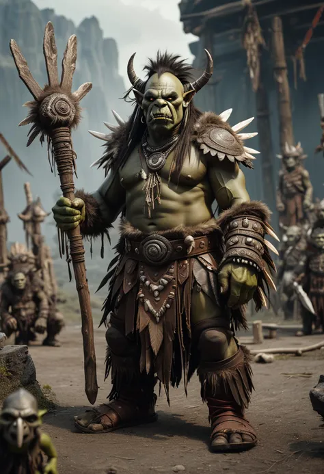 (medium full shot) of (fearsome orc) young,   shaman, wearing Feathered headdress, leather robe, bone necklace, furred boots, beaded bracelets, holding wielding totemic staff, set in the orcish lands, in  Training grounds with various weapons, dummies for practice, orcs sparring, sounds of grunts and clashing metal, surrounded by wooden palisades , ,Masterpiece,best quality, raw photo, realistic, very aesthetic