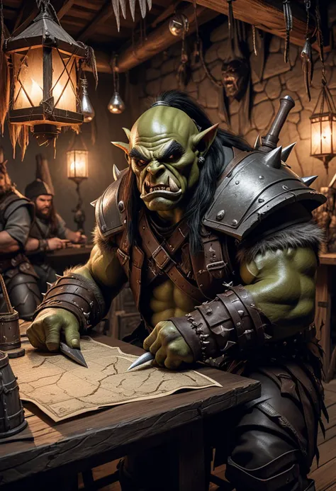 (medium full shot) of (fearsome orc) young,   grunt, wearing Leather cap, chainmail vest, hide leggings, iron boots, spiked gloves, holding wielding wooden spear, set in the orcish lands, in  War room with a large table, maps and strategy pieces, orc leaders in discussion, dimly lit by hanging lanterns, walls adorned with trophies , ,Masterpiece,best quality, raw photo, realistic, very aesthetic