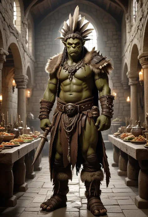 (medium full shot) of (fearsome orc) young,   shaman, wearing Feathered headdress, leather robe, bone necklace, furred boots, beaded bracelets, holding wielding bone wand, set in the orcish lands, in  Fortress hall with high ceilings, stone walls adorned with war trophies, long tables filled with food, orcs feasting and celebrating victories , Masterpiece,best quality, photo, realistic, very aesthetic, detailed face,