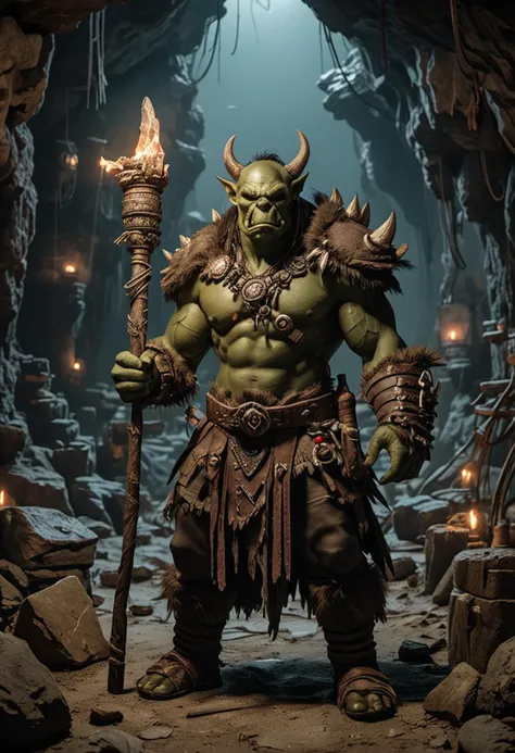 (medium full shot) of (fearsome orc) young,   shaman, wearing Feathered headdress, leather robe, bone necklace, furred boots, beaded bracelets, holding wielding totemic staff, set in the orcish lands, in  Secret cave hideout, with hidden traps, orc sentries, stockpiles of loot, a central command area  , at night, ,Masterpiece,best quality, photo, realistic, very aesthetic