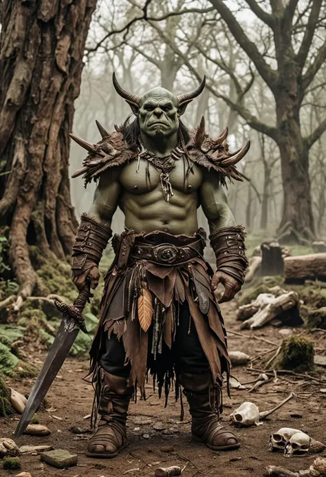 (medium full shot) of (wild orc) young,   shaman, wearing Feathered headdress, leather robe, bone necklace, furred boots, beaded bracelets, holding wielding ceremonial dagger, set in the orcish lands, in  Ancient grove with large, old trees, a natural spring, animal bones scattered around, an eerie silence , ,Masterpiece,best quality, photo, realistic, very aesthetic