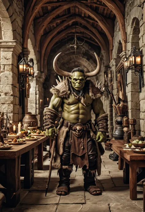 (medium full shot) of (savage orc) young,   shaman, wearing Antlered helm, fur cloak, leather leggings, bone-adorned gloves, ritual anklets, holding wielding staff with skull, set in the orcish lands, in  Fortress hall with high ceilings, stone walls adorned with war trophies, long tables filled with food, orcs feasting and celebrating victories , ,Masterpiece,best quality, photo, realistic, very aesthetic