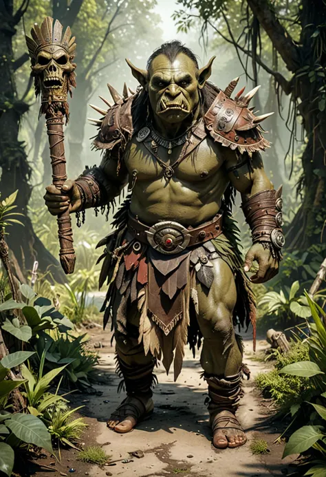 (medium full shot) of (ferocious orc) young,   shaman, wearing Tribal mask, hide tunic, feathered cape, leather sandals, talisman belt, holding wielding bone wand, set in the orcish lands, in  Hidden pathway through the swamp, marked by totems and symbols, leading to secret orc lairs, covered with thick vegetation , ,Masterpiece,best quality, photo, realistic, very aesthetic, detailed face,