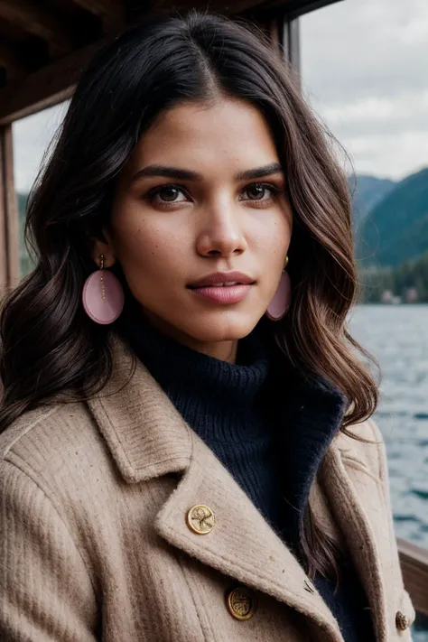 photo of (r0liveira:0.99), closeup portrait, perfect hair, portrait, (modern photo, Millennial Pink Wool-blend pea coat in a classic navy or black color with gold buttons), 24mm, (analog, cinematic, film grain:1.3), (A cozy, rustic lakeside cabin with a view of the water:1.1), ((detailed eyes)), (seductive pose), (epicPhoto), earrings