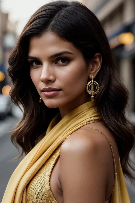 photo of (r0liveira:0.99), closeup portrait, perfect hair, portrait, (modern photo, Golden Yellow stole), 24mm, (analog, cinematic, film grain:1.3), (A sustainable fashion rental subscription service, allowing customers to borrow and rotate their wardrobe while reducing clothing waste), ((detailed eyes)), (seductive pose), (epicPhoto), earrings