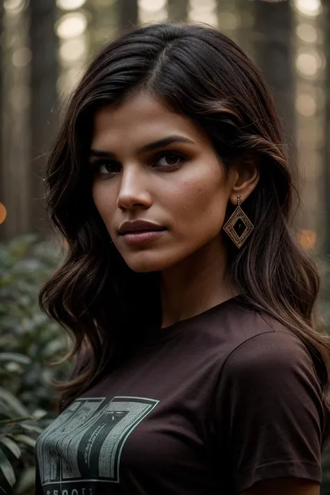 photo of (r0liveira:0.99), closeup portrait, perfect hair, (modern photo, Siena Brown graphic tee), 24mm, (analog, cinematic, film grain:1.3), (A spooky, atmospheric forest at twilight:1.1), detailed eyes, (seductive pose), (epicPhoto), earrings