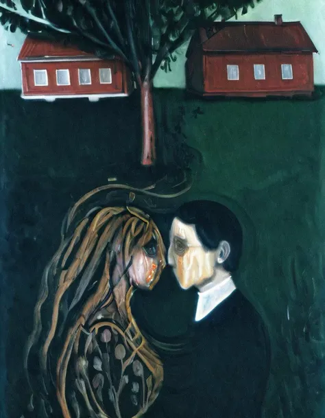 <lora:mnch:1>mnch, man and woman face each other under tree with house in background