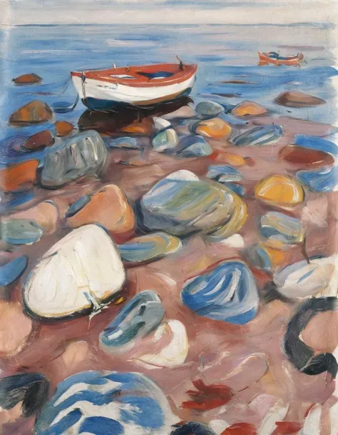 <lora:mnch:1>mnch, shore rocks boat