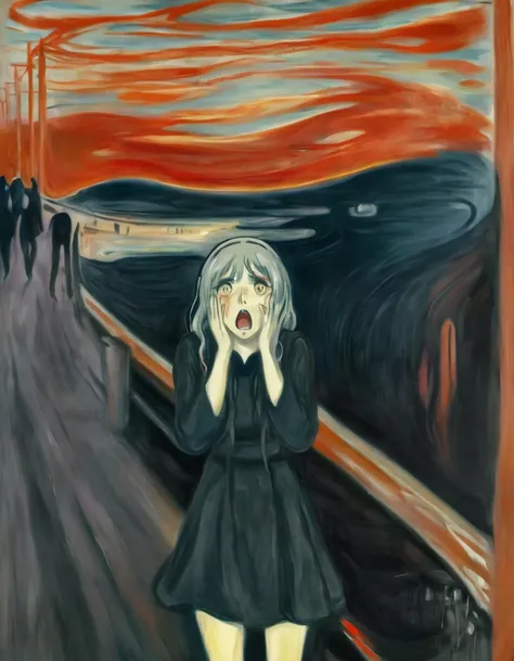 <lora:mnch:1>mnch, anime girl standing on bridge holding her hands to her face screaming