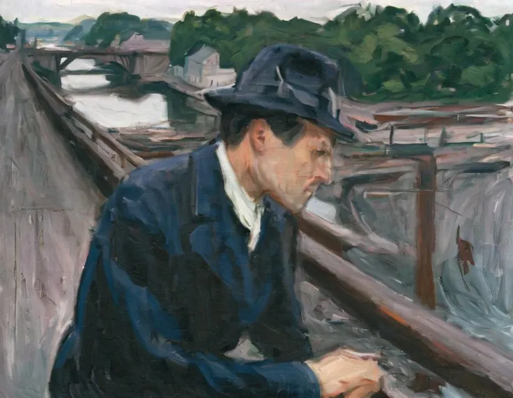 <lora:mnch:1>mnch, man wearing a hat leans against guard rail of bridge