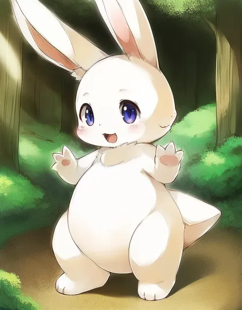 (((detailed eyes, detailed face))), (cute feral, cpdragon:0.5 <lora:cp1dragon_indigo_v2:0.7>, quadruped, Japanese white rabbit, rabbit tail, no human), male, (solo), (plump, belly), (nude), standing, arms up, smile, (konzaburou, ukan_muri), forest, light environment, soft shading, 8k, UHD, masterpiece