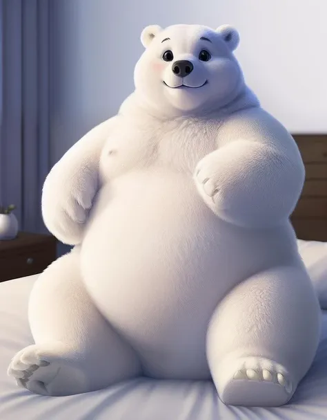 (((detailed eyes, detailed face))), (anthro, polarbear, black eyes), male, (solo), (plump, belly, chubby, overweight), (cpdragon:0.5 <lora:cp1dragon_indigo_v2:0.7>, nude), sitting, arms behind back, smile, (ultra detailed), bedroom, soft shading, masterpiece