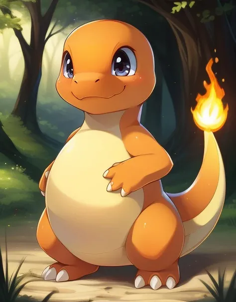 (((detailed eyes, detailed face))), (cute feral, cpdragon <lora:cp1dragon_indigo_v2:0.2>, quadruped, charmander, no human), male, (solo), (plump, belly), (nude), standing, arms up, smile, (konzaburou, ukan_muri), forest, light environment, soft shading, 8k, UHD, masterpiece