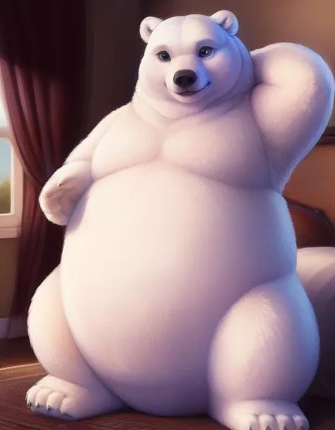 (((detailed eyes, detailed face))), (anthro, polarbear, black eyes), male, (solo), (plump, belly, chubby, overweight), (cpdragon:0.5 <lora:cp1dragon_indigo_v2:0.7>, nude), sitting, arms behind back, smile, (by zackarry911, by zaush, by personalami:0.5), bedroom, soft shading, masterpiece