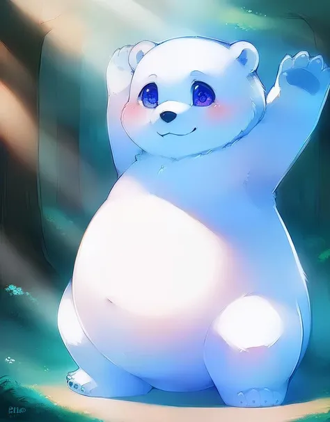 (((detailed eyes, detailed face))), (cute feral, cpdragon:0.5 <lora:cp2dragon_findigo_v1:1>, quadruped, polarbear, bear tail, no human), male, (solo), (plump, belly), (nude), standing, arms up, smile, forest, light environment, soft shading, 8k, UHD, masterpiece