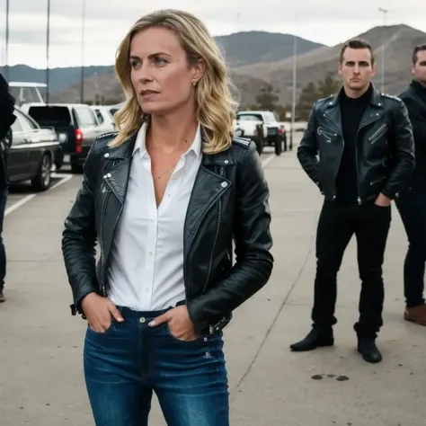 photography of radhamitchell blonde woman in a movie, leather jacket, jeans pants, photography, 50mm, 8k, 4k, cinematic, high definition, pores, , realistic, kodak <lora:radhamitchell:1> <lora:epiNoiseoffset_v2:1>