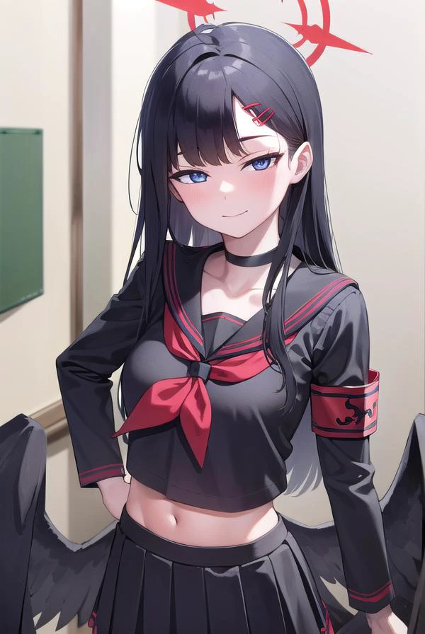 ichikanakamasa, <lora:ichikanakamasa-lora-nochekaiser:1>,
ichika nakamasa, ahoge, black hair, black wings, feathered wings, hair ornament, hairclip, halo, long hair, low wings, red halo, wings, <lora:sensualface_type1:1>, smile,
BREAK armband, black choker, black gloves, black sailor collar, black serafuku, black skirt, choker, gloves, long sleeves, neckerchief, pleated skirt, red neckerchief, safety pin, sailor collar, school uniform, serafuku, skirt,
BREAK looking at viewer, upper body, full body,
BREAK indoors, classroom,
BREAK <lyco:GoodHands-beta2:1>, (masterpiece:1.2), best quality, high resolution, unity 8k wallpaper, (illustration:0.8), (beautiful detailed eyes:1.6), extremely detailed face, perfect lighting, extremely detailed CG, (perfect hands, perfect anatomy),