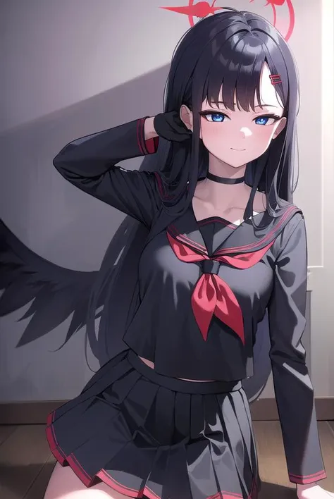 ichikanakamasa, <lora:ichikanakamasa-lora-nochekaiser:1>,
ichika nakamasa, ahoge, black hair, black wings, feathered wings, hair ornament, hairclip, halo, long hair, low wings, red halo, wings, <lora:sensualface_type1:1>, smile,
BREAK armband, black choker, black gloves, black sailor collar, black serafuku, black skirt, choker, gloves, long sleeves, neckerchief, pleated skirt, red neckerchief, safety pin, sailor collar, school uniform, serafuku, skirt,
BREAK looking at viewer, upper body, full body,
BREAK indoors, classroom,
BREAK <lyco:GoodHands-beta2:1>, (masterpiece:1.2), best quality, high resolution, unity 8k wallpaper, (illustration:0.8), (beautiful detailed eyes:1.6), extremely detailed face, perfect lighting, extremely detailed CG, (perfect hands, perfect anatomy),