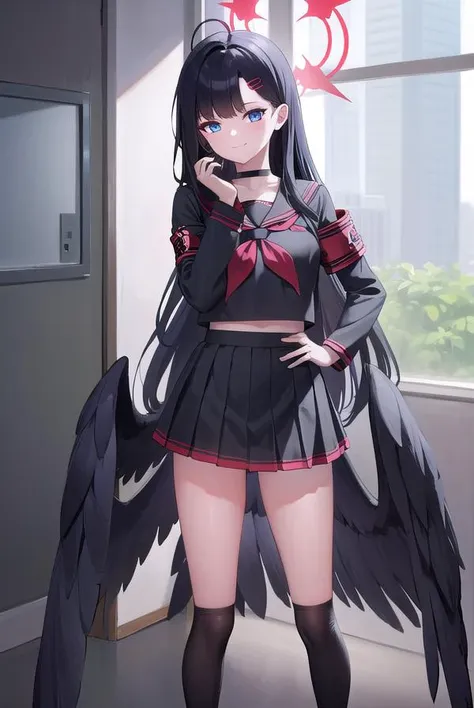 ichikanakamasa, <lora:ichikanakamasa-lora-nochekaiser:1>,
ichika nakamasa, ahoge, black hair, black wings, feathered wings, hair ornament, hairclip, halo, long hair, low wings, red halo, wings, <lora:sensualface_type1:1>, smile,
BREAK armband, black choker, black gloves, black sailor collar, black serafuku, black skirt, choker, gloves, long sleeves, neckerchief, pleated skirt, red neckerchief, safety pin, sailor collar, school uniform, serafuku, skirt,
BREAK looking at viewer, upper body, full body,
BREAK indoors, classroom,
BREAK <lyco:GoodHands-beta2:1>, (masterpiece:1.2), best quality, high resolution, unity 8k wallpaper, (illustration:0.8), (beautiful detailed eyes:1.6), extremely detailed face, perfect lighting, extremely detailed CG, (perfect hands, perfect anatomy),