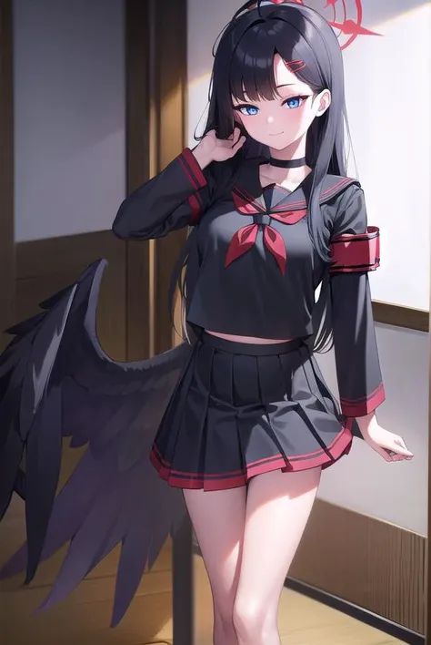 ichikanakamasa, <lora:ichikanakamasa-lora-nochekaiser:1>,
ichika nakamasa, ahoge, black hair, black wings, feathered wings, hair ornament, hairclip, halo, long hair, low wings, red halo, wings, <lora:sensualface_type1:1>, smile,
BREAK armband, black choker, black gloves, black sailor collar, black serafuku, black skirt, choker, gloves, long sleeves, neckerchief, pleated skirt, red neckerchief, safety pin, sailor collar, school uniform, serafuku, skirt,
BREAK looking at viewer, upper body, full body,
BREAK indoors, classroom,
BREAK <lyco:GoodHands-beta2:1>, (masterpiece:1.2), best quality, high resolution, unity 8k wallpaper, (illustration:0.8), (beautiful detailed eyes:1.6), extremely detailed face, perfect lighting, extremely detailed CG, (perfect hands, perfect anatomy),