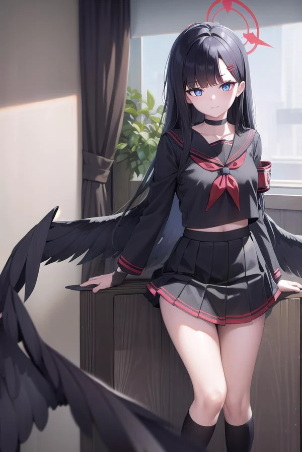 ichikanakamasa, <lora:ichikanakamasa-lora-nochekaiser:1>,
ichika nakamasa, ahoge, black hair, black wings, feathered wings, hair ornament, hairclip, halo, long hair, low wings, red halo, wings,
BREAK armband, black choker, black gloves, black sailor collar, black serafuku, black skirt, choker, gloves, long sleeves, neckerchief, pleated skirt, red neckerchief, safety pin, sailor collar, school uniform, serafuku, skirt,
BREAK looking at viewer, upper body, full body,
BREAK indoors, classroom,
BREAK <lyco:GoodHands-beta2:1>, (masterpiece:1.2), best quality, high resolution, unity 8k wallpaper, (illustration:0.8), (beautiful detailed eyes:1.6), extremely detailed face, perfect lighting, extremely detailed CG, (perfect hands, perfect anatomy),