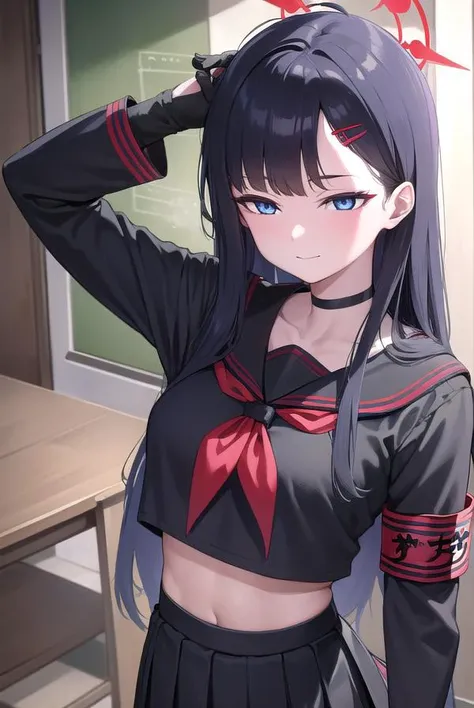 anime girl in uniform with red bow and black hair