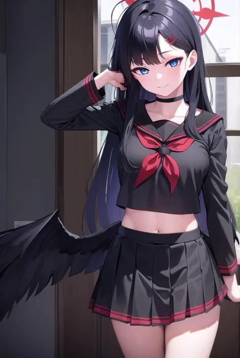 ichikanakamasa, <lora:ichikanakamasa-lora-nochekaiser:1>,
ichika nakamasa, ahoge, black hair, black wings, feathered wings, hair ornament, hairclip, halo, long hair, low wings, red halo, wings, <lora:sensualface_type1:1>, smile,
BREAK armband, black choker, black gloves, black sailor collar, black serafuku, black skirt, choker, gloves, long sleeves, neckerchief, pleated skirt, red neckerchief, safety pin, sailor collar, school uniform, serafuku, skirt,
BREAK looking at viewer, upper body, full body,
BREAK indoors, classroom,
BREAK <lyco:GoodHands-beta2:1>, (masterpiece:1.2), best quality, high resolution, unity 8k wallpaper, (illustration:0.8), (beautiful detailed eyes:1.6), extremely detailed face, perfect lighting, extremely detailed CG, (perfect hands, perfect anatomy),